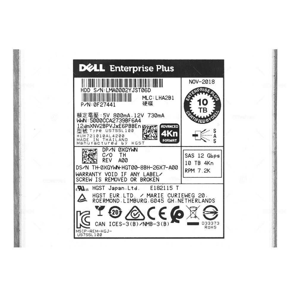 XGYWN-CML  DELL HDD 10TB 7.2K SAS 12G 3.5" LFF FOR DELL COMPELLENT SC400